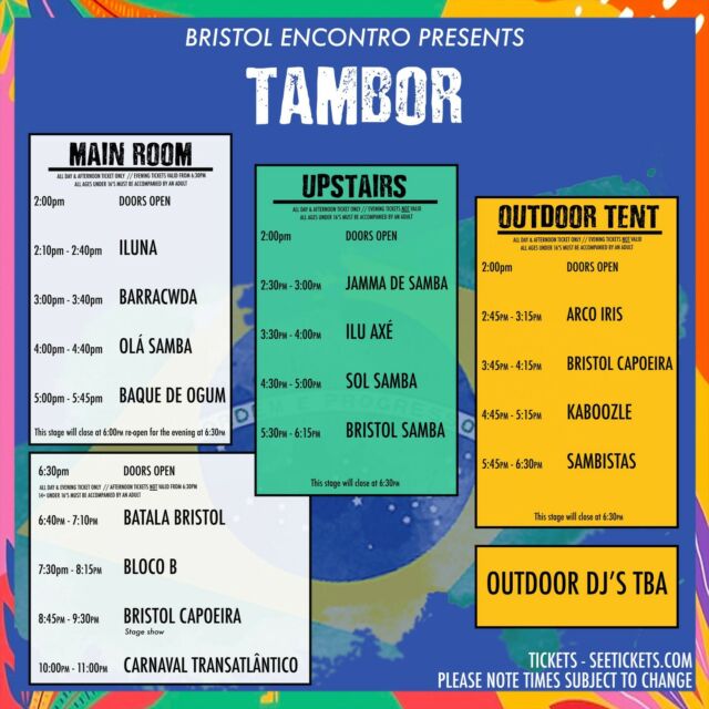 The set times have now been published for all the samba bands playing at TAMBOR

Check out the line-up below and get your early bird tickets while you can 🎟️ See Tickets link in our bio ⬆️ 
 
❤️ Bloco B @bloco.b_uk 
❤️ Ilu Axé @ilu.axe 
❤️ Iluna 
❤️ Arco Iris - Cambridge Community Samba Band @arcoirissambaband 
❤️ Baque de Ogum @baquedeogum 
❤️ Barracwda @barracwda 
❤️ Batala Bristol @batala.bristol 
❤️ Bristol Capoeira @claudiocamposrosario 
❤️ Bristol Samba - Bloco Carnavalesco @bristol_samba 
❤️ Carnaval Transatlântico @carnaval.transatlantico 
❤️ Jamma de Samba @jammadesamba 
❤️ Kaboozle @kaboozle_drummers 
❤️ Olá Samba @olasambadrumming 
❤️ Sambistas @sambistas_bristol 
❤️ Sol Samba @solsamba 

#bristolencontro #tambor2024