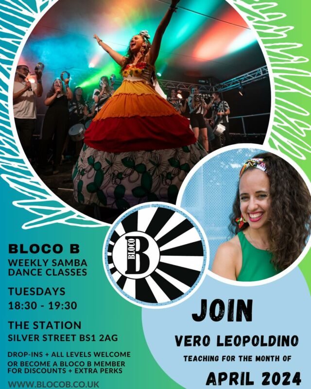 🇧🇷 Tuesdays with Bloco B 

This month, join Vero Leopoldino @aquarelavero on the dance floor for our April Samba Series to learn and develop confidence with Samba no pé, find your flow and musicality 🎶 

📍 Weekly dance classes every Tuesday at The Station studio, BS1 2AG from 18:30 - 19:30 

👣 All levels, bodies and people welcome 

🌟 Pay drop-in £10 per class or become a Bloco B member for £37 monthly which includes all dance classes on Tuesdays as well as all drumming classes on Thursdays at Pirate Studios, BS5 + extra perks, including performance opportunities, discounts to masterclass workshops throughout the year and quarterly Roda de Samba 

JOIN US!! 🎉

#blocob #blocobsamba #blocobsambadance #sambadance #sambadanceuk #sambauk #sambabristol #afrobraziliandance #bristoldance #brasileirosembristol #veroleopoldino #brasileirosemuk
