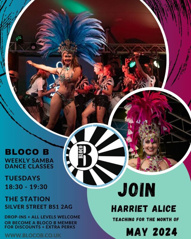 🇧🇷 Tuesdays with Bloco B 

This month, join Harriet Alice @harriet_dancer_89 on the dance floor for our May Samba Series. 

The beginning of the month is the perfect time to start your samba journey as we break down the foundations and you build confidence, technique and stamina 🔥 

📍 Weekly dance classes every Tuesday at The Station studio, BS1 2AG from 18:30 - 19:30 

👣 All levels, bodies and people welcome 

🌟 Pay drop-in £10 per class or become a Bloco B member for £37 monthly which includes all dance classes on Tuesdays as well as all drumming classes on Thursdays at Pirate Studios, BS5 + extra perks, including performance opportunities, discounts to masterclass workshops throughout the year and quarterly Roda de Samba 

JOIN US!! 🎉

#blocob #blocobsamba #blocobsambadance #sambadance #sambadanceuk #sambauk #sambabristol #afrobraziliandance #bristoldance #brasileirosembristol #harrietalicedancer #brasileirosemuk